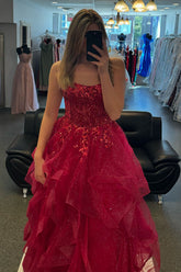 Long A-Line Corset Prom Dress with Sparkly Fuchsia Spaghetti Straps and Appliques