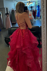 Long A-Line Corset Prom Dress with Sparkly Fuchsia Spaghetti Straps and Appliques