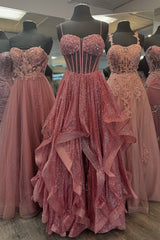 Long A-Line Prom Dress with Grey Blue Sparkly Sequins and Tiered Tulle Featuring Spaghetti Straps