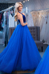 Princess Long Prom Dress in Royal Blue Sparkly Tulle with Halter Neck