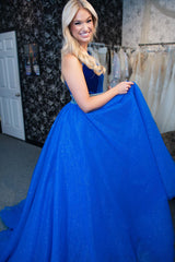 Princess Long Prom Dress in Royal Blue Sparkly Tulle with Halter Neck