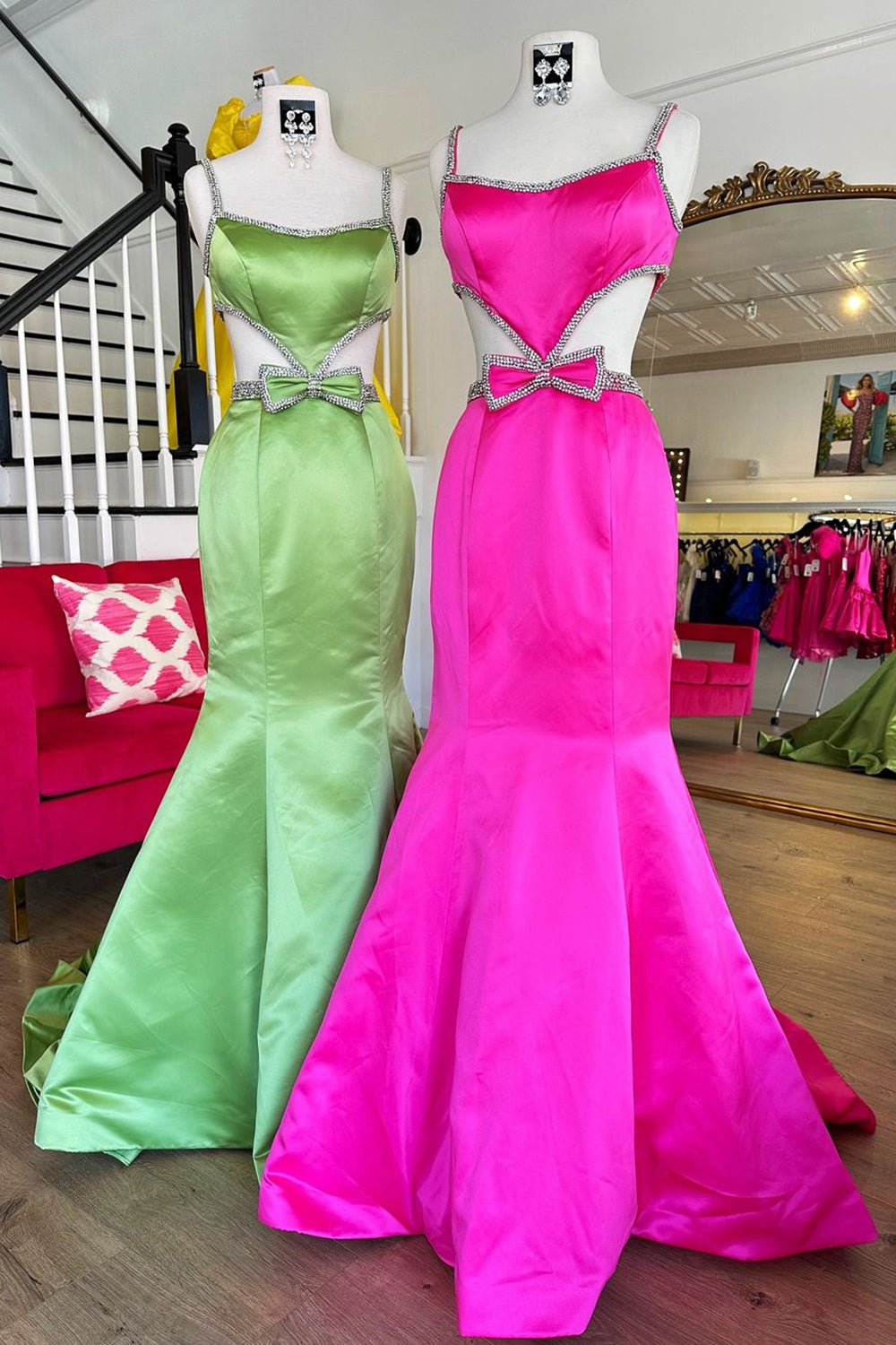 Long Prom Dress in Fuchsia Satin with Spaghetti Straps Mermaid Cut-out and Bow