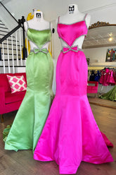 Long Prom Dress in Fuchsia Satin with Spaghetti Straps Mermaid Cut-out and Bow