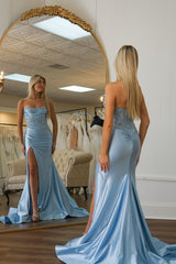 Long Blue Satin Mermaid Prom Dress with Appliques Strapless Corset Style