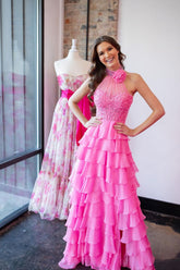 Long Chiffon Corset Prom Dress in Hot Pink with Halter Neck A-Line Cut and Ruffled Appliques