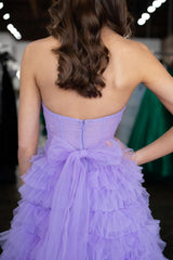 Long A-Line Prom Dress in Lilac with Sweetheart Neckline Tulle Ruffles and Cut-out Slit
