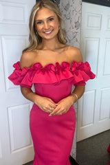 Long Mermaid Prom Dress in Fuchsia with Off-Shoulder Ruffles