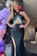 Long Black Mermaid Prom Dress with Glitter and Beading in Halter Neck Style