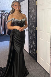 Black Glitter Mermaid Prom Dress with Beading Off-the-Shoulder Long Corset