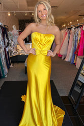 Long Yellow Mermaid Prom Dress in Satin with Ruched Strapless Design and Bow