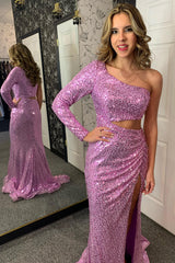Long Purple Mermaid Prom Dress with Sparkly One-Shoulder Sequins and Slit