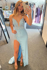 Mermaid Long Corset Prom Dress in Blue with Spaghetti Straps Appliqued and Slit