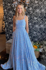 Long A-Line Prom Dress with Sparkly Blue Sequins and Spaghetti Straps