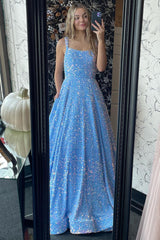 Long A-Line Prom Dress with Sparkly Blue Sequins and Spaghetti Straps