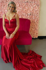 Long Satin Mermaid Prom Dress with Burgundy Spaghetti Straps and Corset