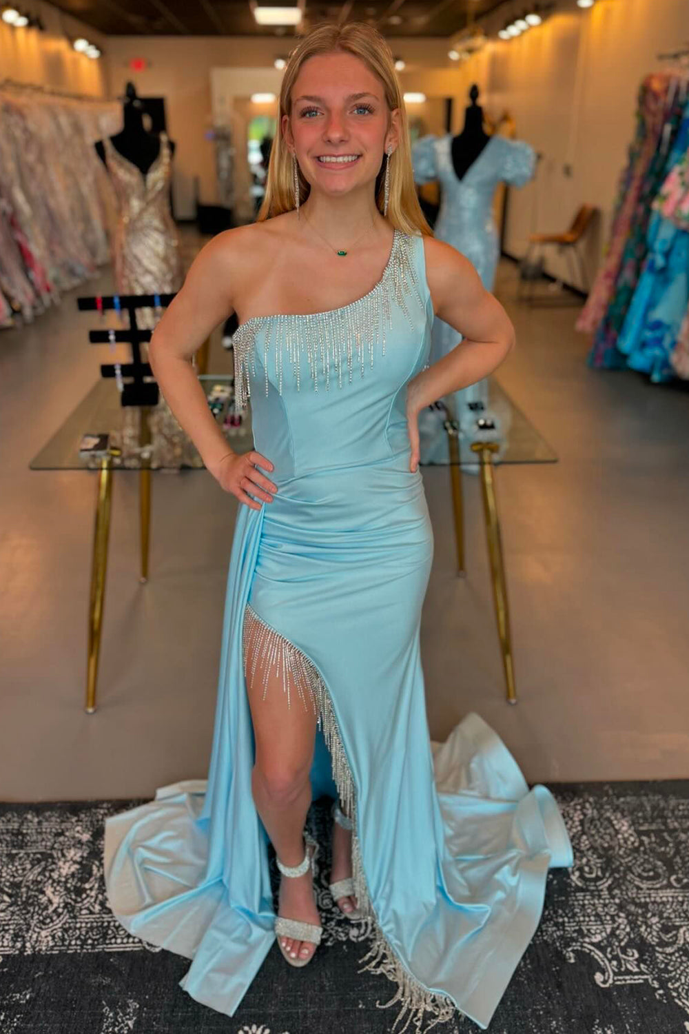 One-shoulder satin mermaid prom dress in light blue with fringe