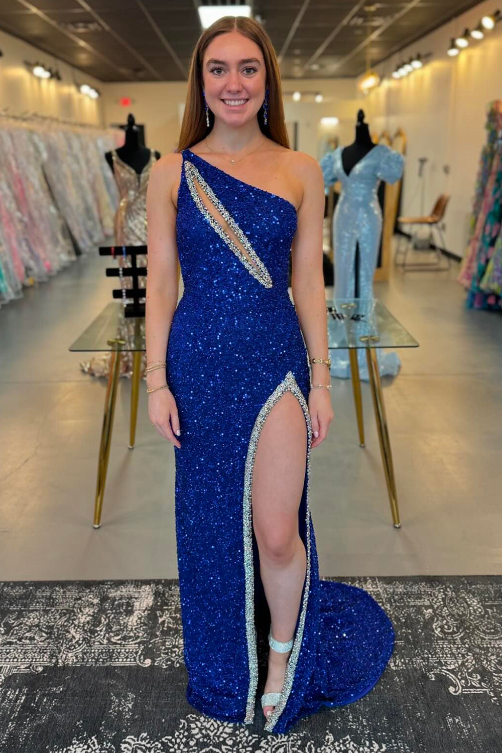 One Shoulder Royal Blue Sequined Mermaid Prom Dress with Cut-Out Detail and High Slit