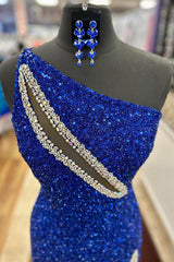 One Shoulder Royal Blue Sequined Mermaid Prom Dress with Cut-Out Detail and High Slit