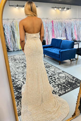 Long Champagne Mermaid Prom Dress with Sparkly Sequins and Halter Neckline Featuring a Slit