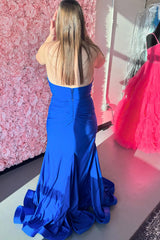 Elegant Royal Blue Satin Mermaid Prom Dress with Halter Neck and Slit