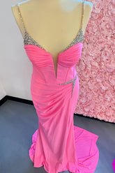 Long Corset Prom Dress in Fuchsia Satin with Spaghetti Straps and Beading Mermaid Style