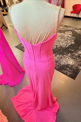 Long Corset Prom Dress in Fuchsia Satin with Spaghetti Straps and Beading Mermaid Style