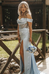 Long Grey Satin Mermaid Prom Dress with Off-Shoulder Neckline and Slit