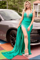 Long Satin Mermaid Prom Dress with Green Spaghetti Straps and Beading