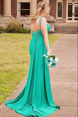 Long Satin Mermaid Prom Dress with Green Spaghetti Straps and Beading