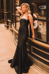 Long Black Satin Mermaid Prom Dress with Ruched Strapless Design and Beading