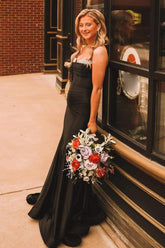 Long Black Satin Mermaid Prom Dress with Ruched Strapless Design and Beading