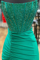Emerald Green Beaded Strapless Mermaid Prom Dress with Glitter and Slit