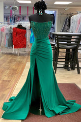 Emerald Green Beaded Strapless Mermaid Prom Dress with Glitter and Slit