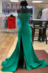 Emerald Green Beaded Strapless Mermaid Prom Dress with Glitter and Slit
