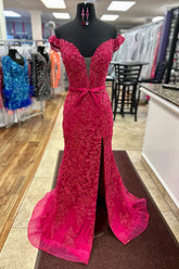 Long Mermaid Prom Dress in Fuchsia with Off-Shoulder Corset and Appliques
