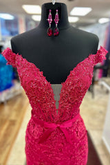 Long Mermaid Prom Dress in Fuchsia with Off-Shoulder Corset and Appliques