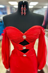 Long Sleeve Red Mermaid Prom Dress with Slit Off-the-Shoulder