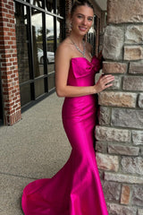 Long Fuchsia Prom Dress in Sweetheart Satin with Mermaid Cut and Bow