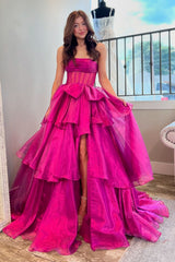 Elegant Fuchsia Strapless Corset Prom Gown with Tiered A-Line Skirt and Slit