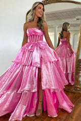 Long A Line Prom Dress in Light Blue with Tiered Corset and Bowknot Slit