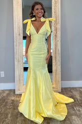 Yellow Beaded Mermaid Prom Dress with Glitter and Bows in Deep V-neck