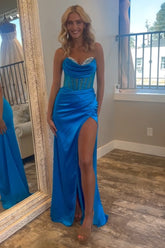 Elegant Royal Blue Mermaid Prom Dress in Sweetheart Satin with Beading