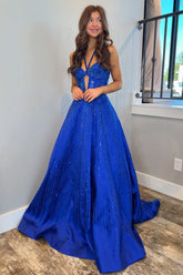Royal Blue Beaded Halter Neck Long Corset Prom Dress with Glitter and A-Line