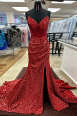 Long Mermaid Corset Prom Dress with Sparkly Red Sweetheart Sequins and Slit