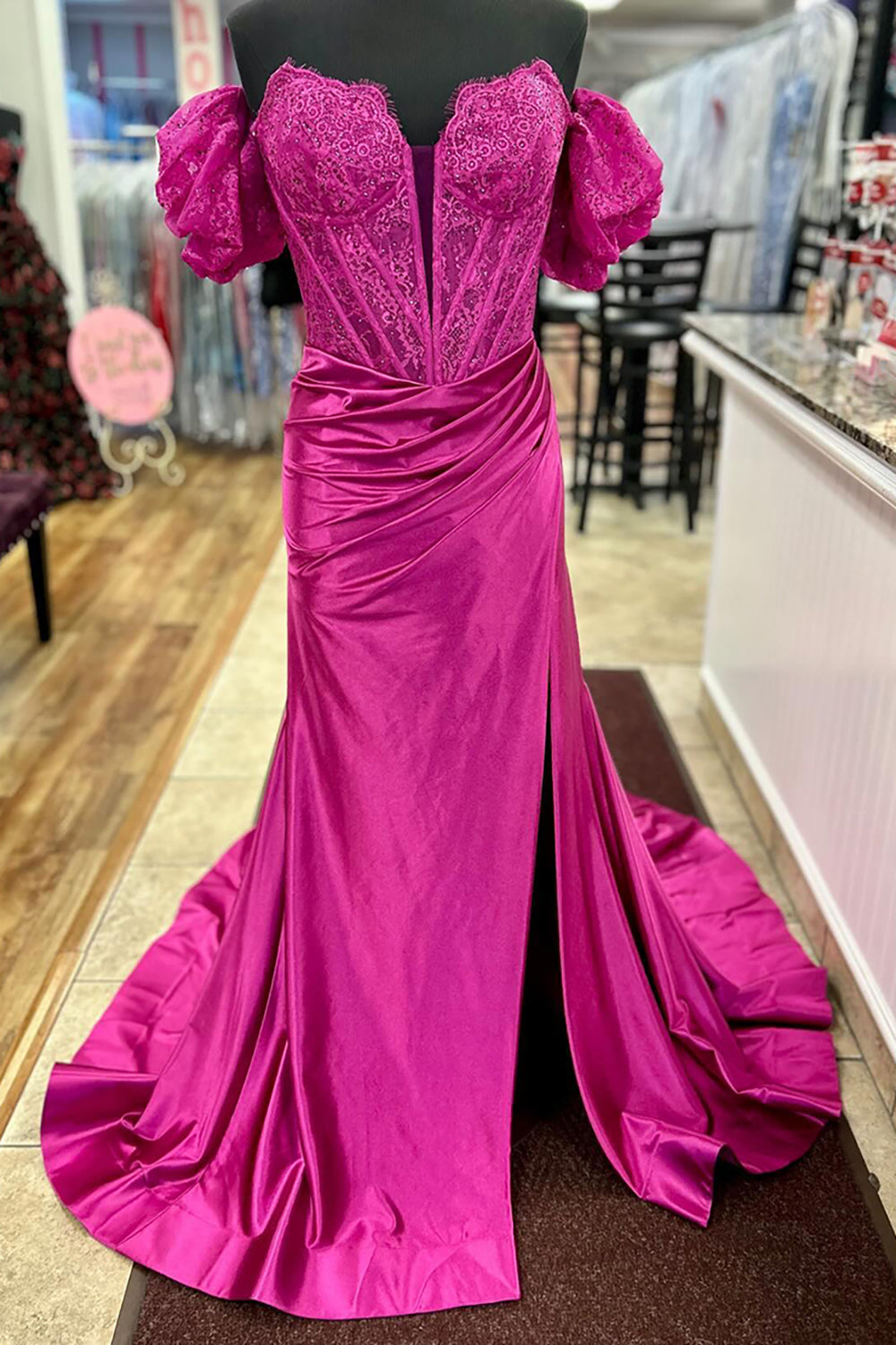 Long Fuchsia Corset Prom Dress in Satin with Off-Shoulder Neckline and Mermaid Slit