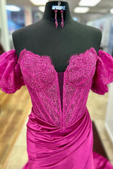 Long Fuchsia Corset Prom Dress in Satin with Off-Shoulder Neckline and Mermaid Slit