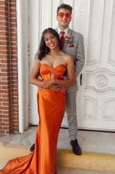 Long Orange Prom Dress with Sweetheart Neckline Satin Ruched Mermaid Style and Beading