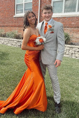 Long Orange Prom Dress with Sweetheart Neckline Satin Ruched Mermaid Style and Beading