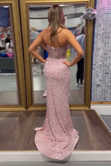 Long Sparkly Corset Prom Dress in Blush with Sequins and Slit