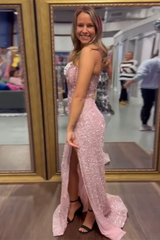 Long Sparkly Corset Prom Dress with Blush Sequins and Slit